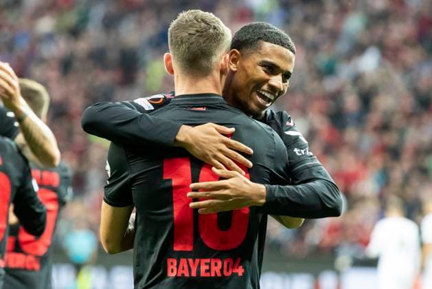 UEFA Europa League, Bayer Leverkusen BK Haecken, 21 09 2023 Amine ADLI Bayer 04 Leverkusen, 21 and Florian WIRTZ Bayer 04 Leverkusen, 10 cheer after scoring 1 0, UEFA Europa League, Bayer 04 Leverkusen BK Haecken, 1 group match, on 21 09 2023, BayArena, Leverkusen DFL regulations prohibit any use of photographs as image sequences and or quasi video Copyright: xBEAUTIFULxSPORTS Meuselx