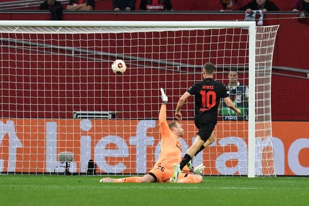 Florian Wirtz Bayer 04 Leverkusen scores against Torhueter Peter Abrahamsson BK Haecken to 1 0 GER, Bayer 04 Leverkusen vs BK Haecken, Football, Europa League, Group Stage, Matchday 1, Season 2023 2024, 21 09 2023 DFL REGULATES PROHIBIT ANY USE OF PHOTOGRAPHS AS IMAGE SEQUENCES AND OR QUASI VIDEO GER, Bayer 04 Leverkusen vs BK Haecken, Football, Europa League, Group Stage, Matchday 1, Season 2023 2024, 21 09 2023 Leverkusen Copyright: xEibner-Pressefoto ThomasxThienelx EP_TTL