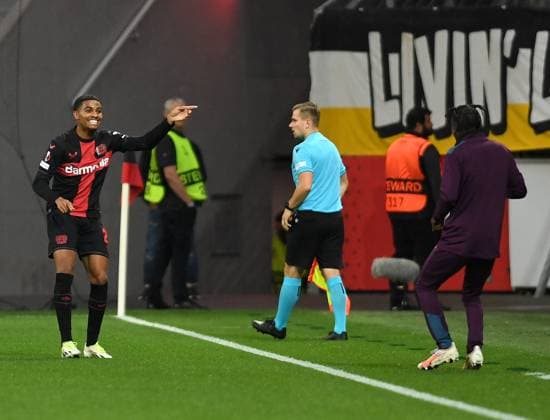 21 09 2023, Leverkusen, Germany, BayARENA, Bayer Leverkusen vs BK Haecken UEFA Europa League 2023 2024 Group H, Amine Adli Bayer 04 Leverkusen and Jeremie Frimpong Bayer 04 Leverkusen goal celebration, cheers with his team after scoring the 2 0 Photo Ralf Treese Leverkusen BayARENA North Rhine Westphalia Germany 521_LEVHAE20230921_018 Treese-521
