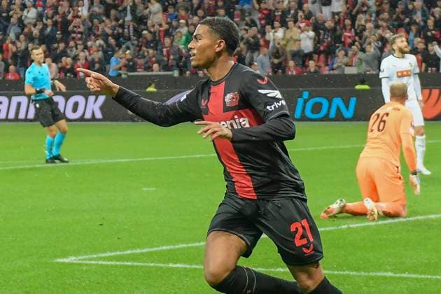 Amine Adli 21, Bayer Leverkusen cheers after scoring 2 0 21 09 2023 Football Europa League, Bayer 04 Leverkusen vs BK Häcken Haecken, BayArena, Leverkusen, NRW Germany Copyright: xpepphotox xHorstxMauelshagenx pep00321, pep_20230921_hm