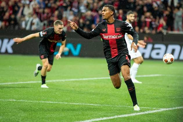 UEFA Europa League, Bayer Leverkusen BK Haecken, 21 09 2023 Amine ADLI Bayer 04 Leverkusen, 21 cheers after his goal, UEFA Europa League, Bayer 04 Leverkusen BK Haecken, 1 group match, on 21 09 2023, BayArena, Leverkusen DFL regulations prohibit any use of photographs as image sequences and or quasi video Copyright: xBEAUTIFULxSPORTS Meuselx