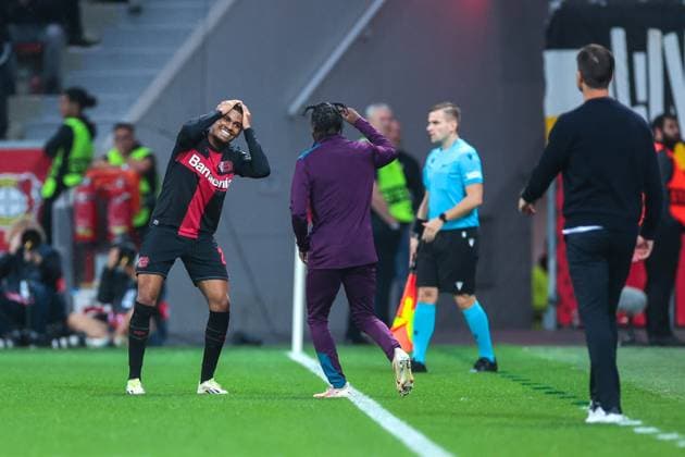 21 09 2023, Football, 2023 2024 season, UEFA Europa League, Group stage, Matchday 1, Bayer 04 Leverkusen BK Häcken, f l Amine Adli Bayer 04 Leverkusen , Jeremie Frimpong Bayer 04 Leverkusen celebrate the goal to make it 2 0, Leverkusen BayArena NRW Germany xRHR PHOTO DEx Copyright: TeresaxKröger RHR-FOTOx RHR-FOTO DE