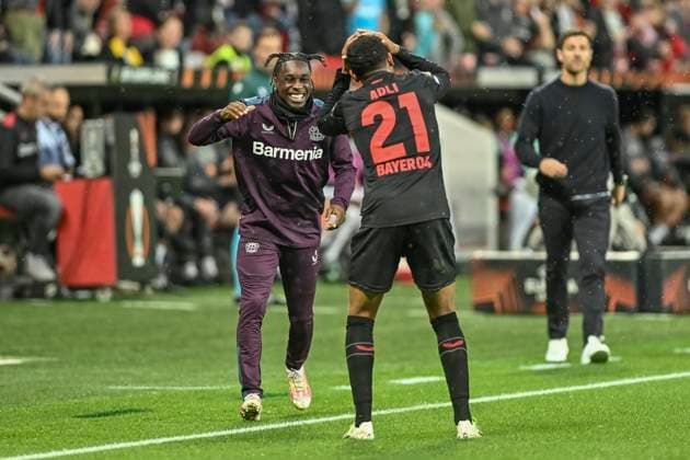 Amine Adli 21, Bayer Leverkusen cheers and dances after scoring 2 0 21 09 2023 Football Europa League, Bayer 04 Leverkusen vs BK Häcken Haecken, BayArena, Leverkusen, NRW Germany Copyright: xpepphotox xHorstxMauelshagenx pep00321, pep_20230921_hm