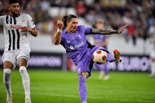 SOCCER - UEFA EL, LASK vs Liverpool LINZ,AUSTRIA,21.SEP.23 - SOCCER - UEFA Europa League, group stage, Linzer ASK vs Liverpool FC. Image shows Andres Andrade (LASK) and Darwin Nunez (Liverpool).  GEPAxpictures xAvnixRetkoceri