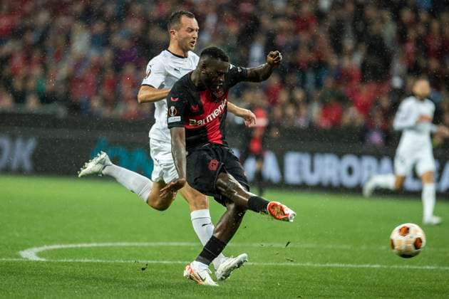 UEFA Europa League, Bayer Leverkusen BK Haecken, 21 09 2023 Victor BONIFACE Bayer 04 Leverkusen, 22 scores the offside goal, UEFA Europa League, Bayer 04 Leverkusen BK Haecken, 1 group match, on 21 09 2023, BayArena, Leverkusen DFL regulations prohibit any use of photographs as image sequences and or quasi video Copyright: xBEAUTIFULxSPORTS Meuselx