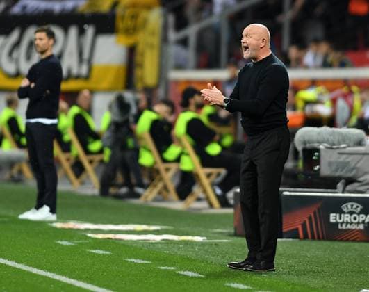 21 09 2023, Leverkusen, Germany, BayARENA, Bayer Leverkusen vs BK Haecken UEFA Europa League 2023 2024 Group H, coach Per Mathias Hogmo BK Haecken gestures, gestures photo Ralf Treese Leverkusen BayARENA North Rhine Westphalia Germany 521_LEVHAE20230921_027 Treese-521