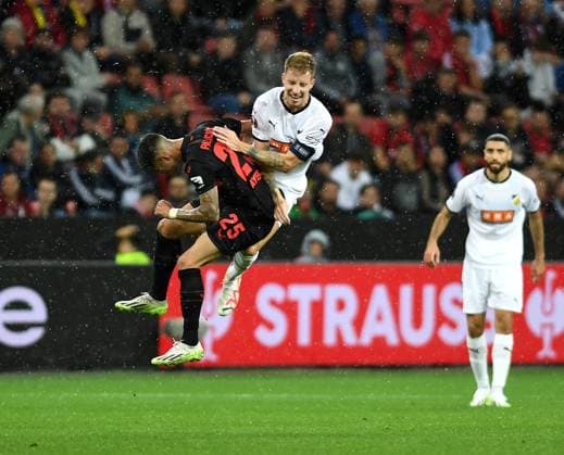 21 09 2023, Leverkusen, Germany, BayARENA, Bayer Leverkusen vs BK Haecken UEFA Europa League 2023 2024 Group H, Ezequiel Palacios Bayer 04 Leverkusen and Samuel Gustafson BK Haecken in duel Photo Ralf Treese Leverkusen BayARENA North Rhine Westphalia Germany 521_LEVHAE20230921_033 Treese-521