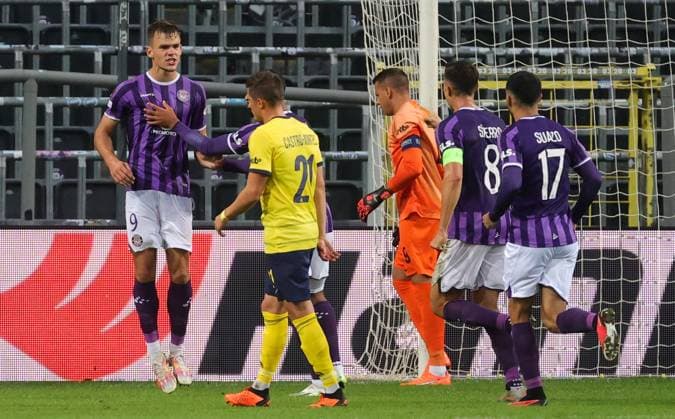 Toulouse s Thijs Dallinga celebrates after scoring during a soccer game between Belgian Royale Union Saint Gilloise and French Toulouse FC, on the first day of the group phase of the UEFA Europa League competition, in group E, on Thursday 21 September 2023 in Brussels. VIRGINIExLEFOUR  x74600574x