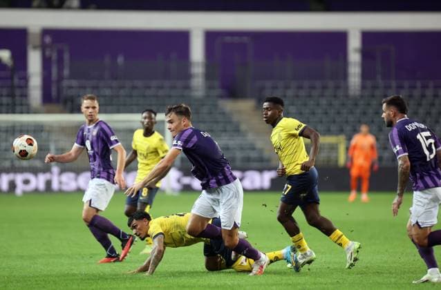 Royal Union Saint-Gilloise v Toulouse FC - UEFA Europa League ANDERLECHT-BELGIUN - SEPTEMBER 21 : 09 Dennis Eckert Forward Union Sg and 23 Cameron Puertas Midfield Union Sg during the UEFA Europa League Group E match between Royal Union Saint-Gilloise and Toulouse FC on {SEPTEMBER 21, 2023 in ANDERLECHT, BELGIUM, 21 Eeklo Belgium  Copyright: xJeffreyxGaensx xPhotoxNewsx
