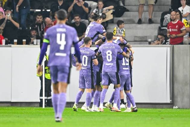 SOCCER - UEFA EL, LASK vs Liverpool LINZ,AUSTRIA,21.SEP.23 - SOCCER - UEFA Europa League, group stage, Linzer ASK vs Liverpool FC. Image shows the rejoicing of FC Liverpool.  GEPAxpictures xDanielxSchoenherr