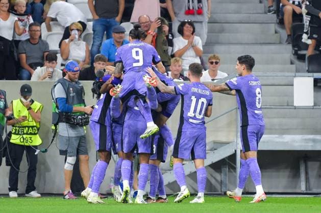 SOCCER - UEFA EL, LASK vs Liverpool LINZ,AUSTRIA,21.SEP.23 - SOCCER - UEFA Europa League, group stage, Linzer ASK vs Liverpool FC. Image shows the rejoicing of Liverpool.  GEPAxpictures xChristianxMoser