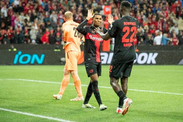 UEFA Europa League, Bayer Leverkusen BK Haecken, 21 09 2023 Cheering after the goal to 3 0 by Victor BONIFACE Bayer 04 Leverkusen, 22 , UEFA Europa League, Bayer 04 Leverkusen BK Haecken, 1 group match, on 21 09 2023, BayArena, Leverkusen DFL regulations prohibit any use of photographs as image sequences and or quasi video Copyright: xBEAUTIFULxSPORTS Meuselx