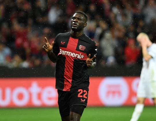 21 09 2023, Leverkusen, Germany, BayARENA, Bayer Leverkusen vs BK Haecken UEFA Europa League 2023 2024 Group H, Victor Boniface Bayer 04 Leverkusen goal celebration, cheers after scoring 3 0 Photo Ralf Treese Leverkusen BayARENA North Rhine Westphalia Germany 521_LEVHAE20230921_036 Treese-521