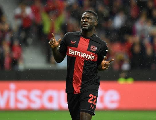 21 09 2023, Leverkusen, Germany, BayARENA, Bayer Leverkusen vs BK Haecken UEFA Europa League 2023 2024 Group H, Victor Boniface Bayer 04 Leverkusen goal celebration, cheers after scoring 3 0 Photo Ralf Treese Leverkusen BayARENA North Rhine Westphalia Germany 521_LEVHAE20230921_037 Treese-521