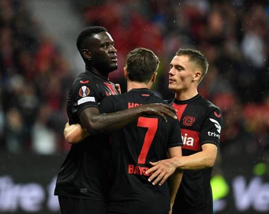 21 09 2023, Leverkusen, Germany, BayARENA, Bayer Leverkusen vs BK Haecken UEFA Europa League 2023 2024 Group H, Victor Boniface Bayer 04 Leverkusen , Jonas Hofmann Bayer 04 Leverkusen and Florian Wirtz Bayer 04 Leverkusen goal celebration, cheers with his team after scoring the 3 0 Photo Ralf Treese Leverkusen BayARENA North Rhine Westphalia Germany 521_LEVHAE20230921_039 Treese-521