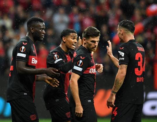 21 09 2023, Leverkusen, Germany, BayARENA, Bayer Leverkusen vs BK Haecken UEFA Europa League 2023 2024 Group H, Victor Boniface Bayer 04 Leverkusen goal celebration, cheers with his team after scoring the 3 0 Photo Ralf Treese Leverkusen BayARENA North Rhine Westphalia Germany 521_LEVHAE20230921_040 Treese-521