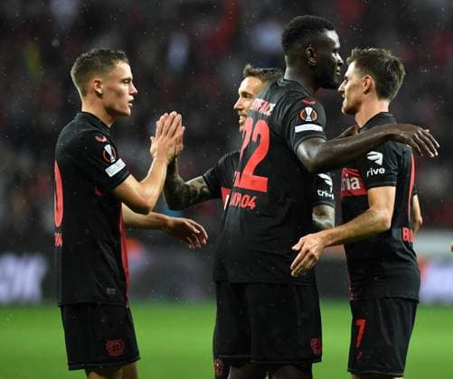 21 09 2023, Leverkusen, Germany, BayARENA, Bayer Leverkusen vs BK Haecken UEFA Europa League 2023 2024 Group H, Jonas Hofmann Bayer 04 Leverkusen goal celebration, cheers with his team after scoring 4 0 Photo Ralf Treese Leverkusen BayARENA North Rhine Westphalia Germany 521_LEVHAE20230921_043 Treese-521
