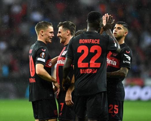 21 09 2023, Leverkusen, Germany, BayARENA, Bayer Leverkusen vs BK Haecken UEFA Europa League 2023 2024 Group H, Jonas Hofmann Bayer 04 Leverkusen goal celebration, cheers with his team after scoring 4 0 Photo Ralf Treese Leverkusen BayARENA North Rhine Westphalia Germany 521_LEVHAE20230921_044 Treese-521
