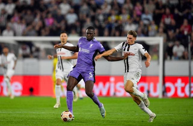 SOCCER - UEFA EL, LASK vs Liverpool LINZ,AUSTRIA,21.SEP.23 - SOCCER - UEFA Europa League, group stage, Linzer ASK vs Liverpool FC. Image shows Ibrahima Konate (Liverpool) and Elias Havel (LASK).  GEPAxpictures xAvnixRetkoceri