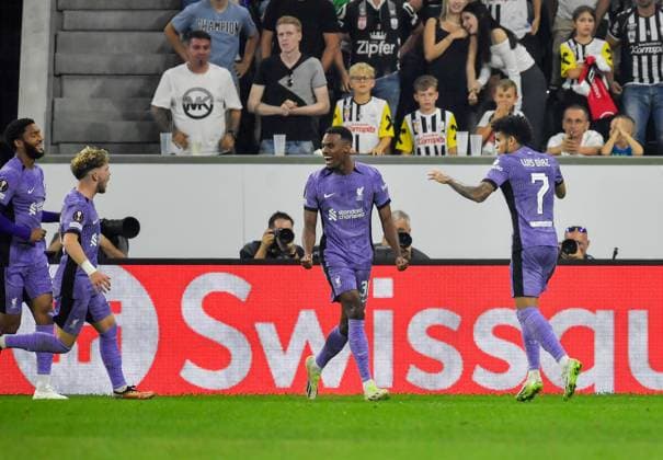 SOCCER - UEFA EL, LASK vs Liverpool LINZ,AUSTRIA,21.SEP.23 - SOCCER - UEFA Europa League, group stage, Linzer ASK vs Liverpool FC. Image shows the rejoicing of Joe Gomez, Harvey Elliot, Ryan Gravenberch and Luis Diaz (Liverpool). Keywords: goal.  GEPAxpictures xAvnixRetkoceri