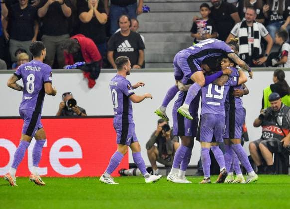 SOCCER - UEFA EL, LASK vs Liverpool LINZ,AUSTRIA,21.SEP.23 - SOCCER - UEFA Europa League, group stage, Linzer ASK vs Liverpool FC. Image shows the rejoicing of Joe Gomez, Harvey Elliot, Ryan Gravenberch and Luis Diaz (Liverpool). Keywords: goal.  GEPAxpictures xAvnixRetkoceri