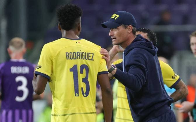 Union s Kevin Rodriguez and Union s head coach Alexander Blessin pictured during a soccer game between Belgian Royale Union Saint Gilloise and French Toulouse FC, on the first day of the group phase of the UEFA Europa League competition, in group E, on Thursday 21 September 2023 in Brussels. VIRGINIExLEFOUR  x74605366x