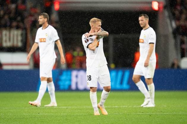 230921 Mikkel Rygaard Jensen of Häcken looks depressed after the UEFA Europa League football match between Bayer Leverkusen and Häcken on September 21, 2023 in Leverkusen Photo Daniel Stiller BILDBYRAN code DS DS0334 football soccer football uefa europa league bayer leverkusen häcken bbeng depp  Copyright: DANIELxSTILLER BB230921DS026