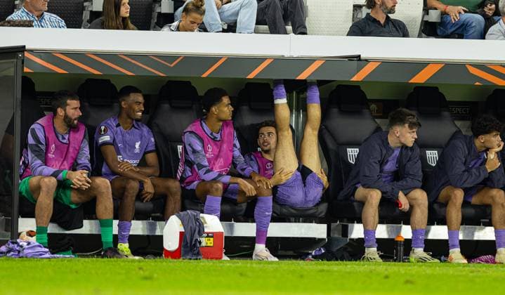 Football - UEFA Europa League - Group E - LASK v Liverpool FC LINZ, AUSTRIA - Thursday, September 21, 2023: Liverpool s goalkeeper Alisson Becker, Ryan Gravenberch, Cody Gakpo, Curtis Jones and Ben Doak on the bench during the UEFA Europa League Group E matchday 1 game between LASK and Liverpool FC at the Raiffeisen Arena. LINZ Raiffeisen Arena UPPER AUSTRIA AUSTRIA  Copyright: xDavidxRawcliffex P2023-09-21-LASK_Liverpool-88