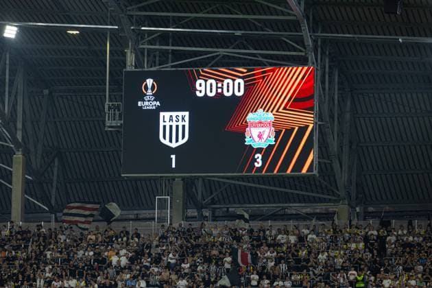 Football - UEFA Europa League - Group E - LASK v Liverpool FC LINZ, AUSTRIA - Thursday, September 21, 2023: The scoreboard during the UEFA Europa League Group E matchday 1 game between LASK and Liverpool FC at the Raiffeisen Arena. Liverpool won 3-1. LINZ Raiffeisen Arena UPPER AUSTRIA AUSTRIA  Copyright: xDavidxRawcliffex P2023-09-21-LASK_Liverpool-87