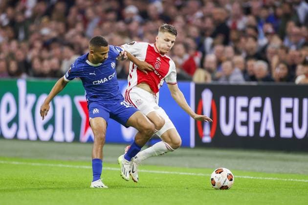 AMSTERDAM, 21-09-2023 JohanCruyff Arena, Europa League Football season 2023 2024 Match between Ajax and Olympique Marseille. Olympique Marseille player Iliman Ndiaye, Ajax player Anton Gaaei Ajax - Olympique Marseille  x22440184x Copyright: