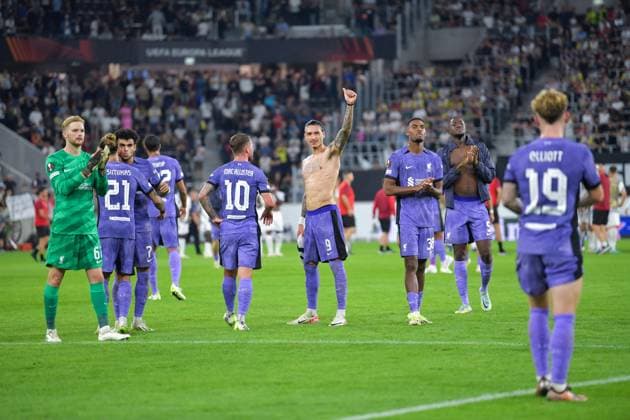 SOCCER - UEFA EL, LASK vs Liverpool LINZ,AUSTRIA,21.SEP.23 - SOCCER - UEFA Europa League, group stage, Linzer ASK vs Liverpool FC. Image shows the rejoicing of Liverpool.  GEPAxpictures xChristianxMoser