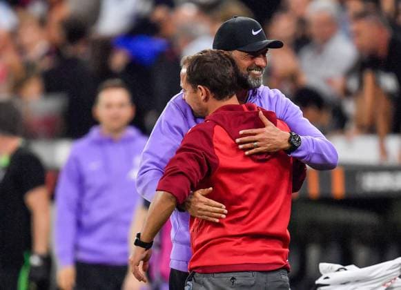 SOCCER - UEFA EL, LASK vs Liverpool LINZ,AUSTRIA,21.SEP.23 - SOCCER - UEFA Europa League, group stage, Linzer ASK vs Liverpool FC. Image shows head coach Thomas Sageder (LASK) and head coach Juergen Klopp (Liverpool).  GEPAxpictures xAvnixRetkoceri