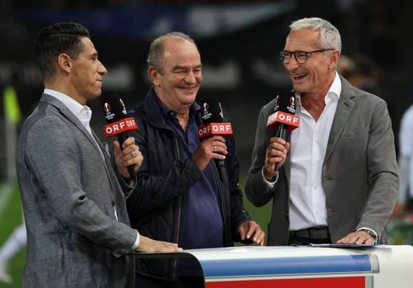 SOCCER - UEFA EL, Sturm vs Sporting GRAZ,AUSTRIA,21.SEP.23 - SOCCER - UEFA Europa League, group stage, SK Sturm Graz vs Sporting CP. Image shows Helge Payer, Herbert Prohaska and Rainer Pariasek (ORF).  GEPAxpictures xWolfgangxGrebien