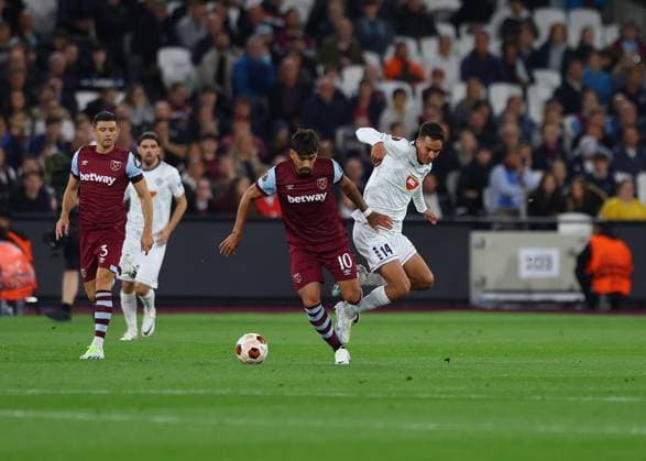 21st September 2023; London Stadium, London, England; Europa League Football, Group Stage, West Ham United versus Backa Topola; Lucas Paqueta of West Ham United challenged by Petar Stanic of FK TSC Backa Topola  ActionPlus12555717 JohnxPatrickxFletcher