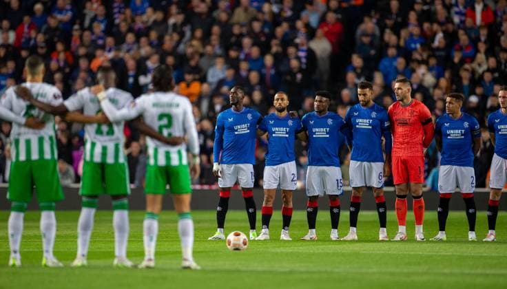 21st September 2023; Ibrox Stadium, Glasgow, Scotland: Europa League, Group Stage Football, Rangers versus Real Betis; Both sides line up for a minutes silence  ActionPlus12555720 VagelisxGeorgariou