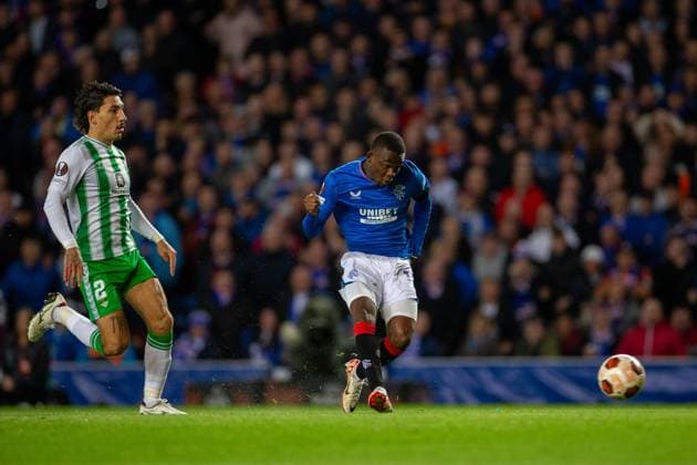 21st September 2023; Ibrox Stadium, Glasgow, Scotland: Europa League, Group Stage Football, Rangers versus Real Betis; Rabbi Matondo of Rangers shoots towards goal  ActionPlus12555721 VagelisxGeorgariou