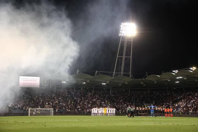 SOCCER - UEFA EL, Sturm vs Sporting GRAZ,AUSTRIA,21.SEP.23 - SOCCER - UEFA Europa League, group stage, SK Sturm Graz vs Sporting CP. Image shows one minute of silence because of the earth quake in Marocco.  GEPAxpictures xChrisxBauer
