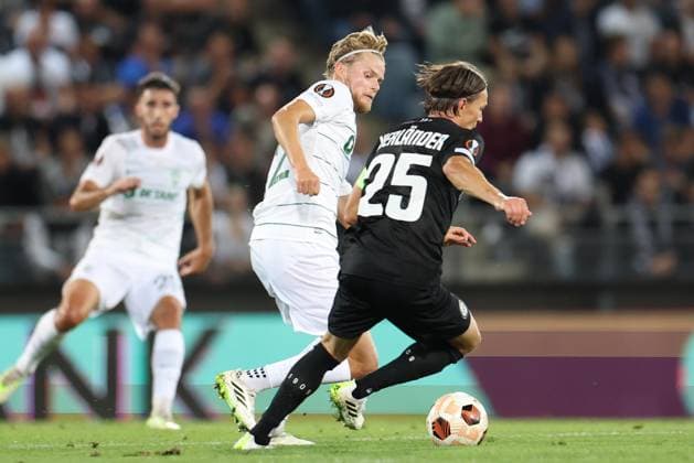 SOCCER - UEFA EL, Sturm vs Sporting GRAZ,AUSTRIA,21.SEP.23 - SOCCER - UEFA Europa League, group stage, SK Sturm Graz vs Sporting CP. Image shows Morten Hjulmand (Sporting Lissabon) and Stefan Hierlaender (Sturm).  GEPAxpictures xChrisxBauer