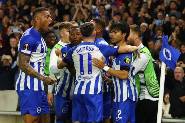 Brighton and Hove Albion v AEK Athens, Brighton, UK - 21 Sep 2023 Goal celebrations for Joao Pedro of Brighton and Hove Albion during the Europa League match between Brighton and Hove Albion and AEK Athens at The Amex Stadium, Brighton on 21 September 2023 ( Brighton The Amex Stadium Sussex England Copyright: xMicahxCrook PPAUKx PPA-054563