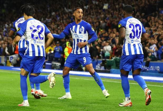Brighton and Hove Albion v AEK Athens, Brighton, UK - 21 Sep 2023 Goal celebrations for Joao Pedro of Brighton and Hove Albion during the Europa League match between Brighton and Hove Albion and AEK Athens at The Amex Stadium, Brighton on 21 September 2023 ( Brighton The Amex Stadium Sussex England Copyright: xMicahxCrook PPAUKx PPA-054564
