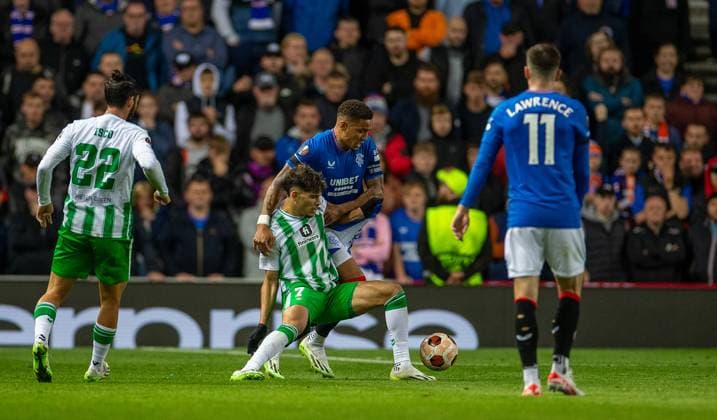 21st September 2023; Ibrox Stadium, Glasgow, Scotland: Europa League, Group Stage Football, Rangers versus Real Betis; James Tavernier of Rangers and Abde Ezzalzouli of Real Betis challenge for the ball  ActionPlus12555739 VagelisxGeorgariou