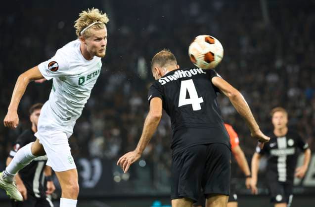 SOCCER - UEFA EL, Sturm vs Sporting GRAZ,AUSTRIA,21.SEP.23 - SOCCER - UEFA Europa League, group stage, SK Sturm Graz vs Sporting CP. Image shows Morten Hujlmand (Sporting Lissabon) and Jon Gorenc-Stankovic (Sturm).  GEPAxpictures xWolfgangxGrebien