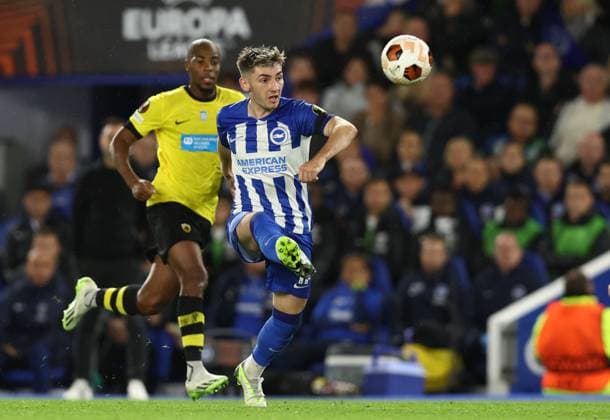 Brighton and Hove, England, 21st September 2023. Billy Gilmour plays the ball of Brighton and Hove Albion during the UEFA Europa League match at the AMEX Stadium, Brighton and Hove. Picture credit should read: Paul Terry Sportimage EDITORIAL USE ONLY. No use with unauthorised audio, video, data, fixture lists, club league logos or live services. Online in-match use limited to 120 images, no video emulation. No use in betting, games or single club league player publications. SPI-2581-0012