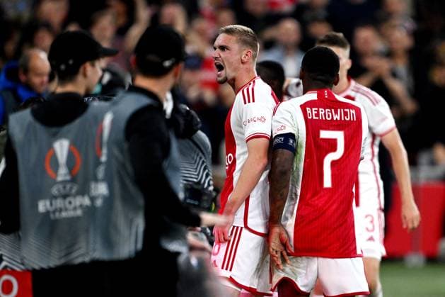 AMSTERDAM - Kenneth Taylor of Ajax celebrates the 3-2 during the UEFA Europa League match between Ajax Amsterdam and Olympique de Marseille at the Johan Cruijff ArenA on September 21, 2023 in Amsterdam, Netherlands. ANP OLAF KRAAK Group B - UEFA Europa League 2023 2024 xVIxANPxSportx xxANPxIVx 478901875 originalFilename: 478901875.jpg