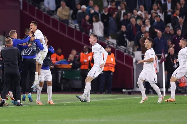 West Ham United gegen FK TSC Backa Topola 21. September 2023, London UEFA Europa League Fußball West Ham United gegen FK TSC Backa Topola Petar Stanic von Backa Topola jubelt nach dem Führungstreffer Foto Jacques Feeney Offside London UK  Copyright: xJacquesxFeeneyxOffside