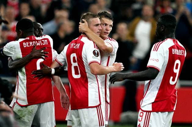 AMSTERDAM - Kenneth Taylor of Ajax celebrates the 3-2 during the UEFA Europa League match between Ajax Amsterdam and Olympique de Marseille at the Johan Cruijff ArenA on September 21, 2023 in Amsterdam, Netherlands. ANP OLAF KRAAK Group B - UEFA Europa League 2023 2024 xVIxANPxSportx xxANPxIVx 478902457 originalFilename: 478902457.jpg