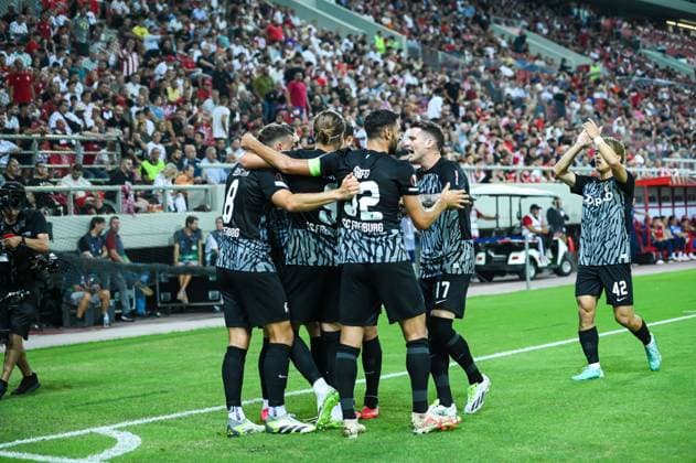 SC Freiburg players celebrating a goal during the Europa League Group A match between Olympiacos FC and SC Freiburg at Georgios Karaiskakis Stadium on September 21, 2023, in Athens, Greece.  Copyright: xStefanosxKyriazis IPAxSportx xipx xx IPA_40468410 IPA_IPA40468410