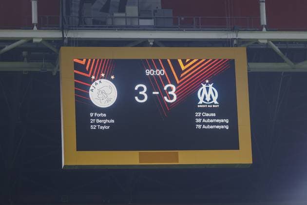 AMSTERDAM, 21-09-2023 JohanCruyff Arena, Europa League Football season 2023 2024 Match between Ajax and Olympique Marseille. final score on the scoreboard Ajax - Olympique Marseille  x22442156x Copyright: