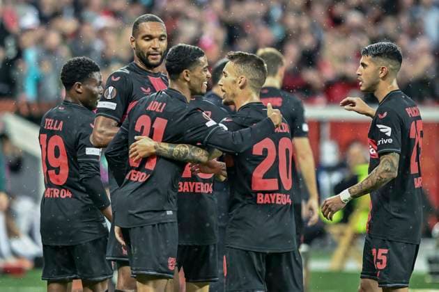 Amine Adli 21, Bayer Leverkusen cheers after scoring 2 0 with team 21 09 2023 Football Europa League, Bayer 04 Leverkusen vs BK Häcken Haecken, BayArena, Leverkusen, NRW Germany Copyright: xpepphotox xHorstxMauelshagenx pep00321, pep_20230921_hm