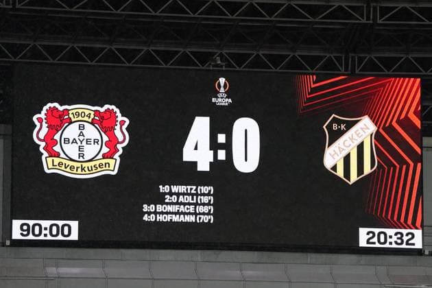 Football, UEFA Europa League 2023 2024, Group Stage , Group H, Matchday 1, Bayer 04 Leverkusen BK Häcken, 21 09 2023, Bayarena Leverkusen, 4 0 Final Score, Score, Result.